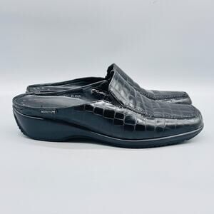 Mephisto Shoes Womens 9 Black Leather Croc Embossed Slip On Mule Clogs Comfort